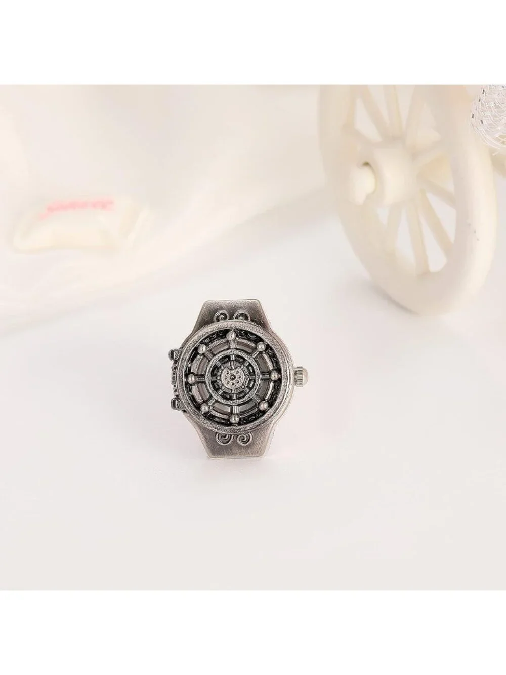 Unisex All Black Analog Quartz Punk Helm Cover Adjustable Finger Ring Watch